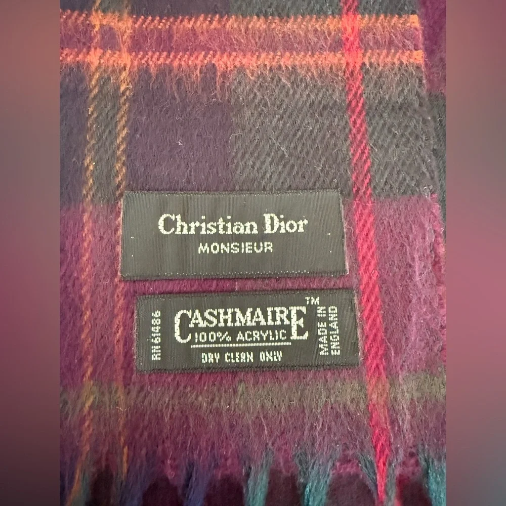 Vintage Christian Dior Monsieur Plaid Cashmaire Scarf, Mulberry, Forest Green